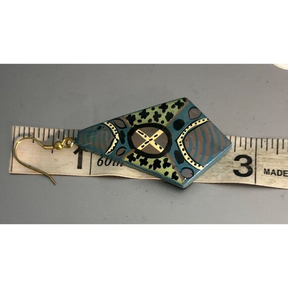 Painted Lacquered Bridgett Wallace Earrings Gold Tone Hooks Dangle Estate 2.75" - Picture 4 of 4